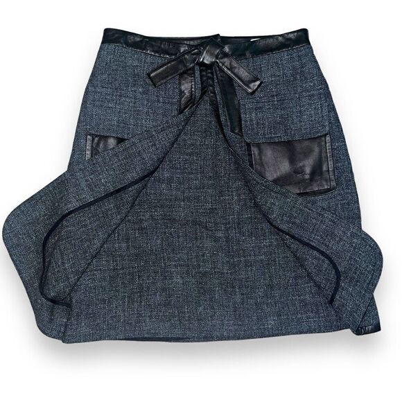 Robert Rodriguez Skirt Gray Tweed Wool & Black Leather Accent Bow Pockets Size 6 - Picture 2 of 6